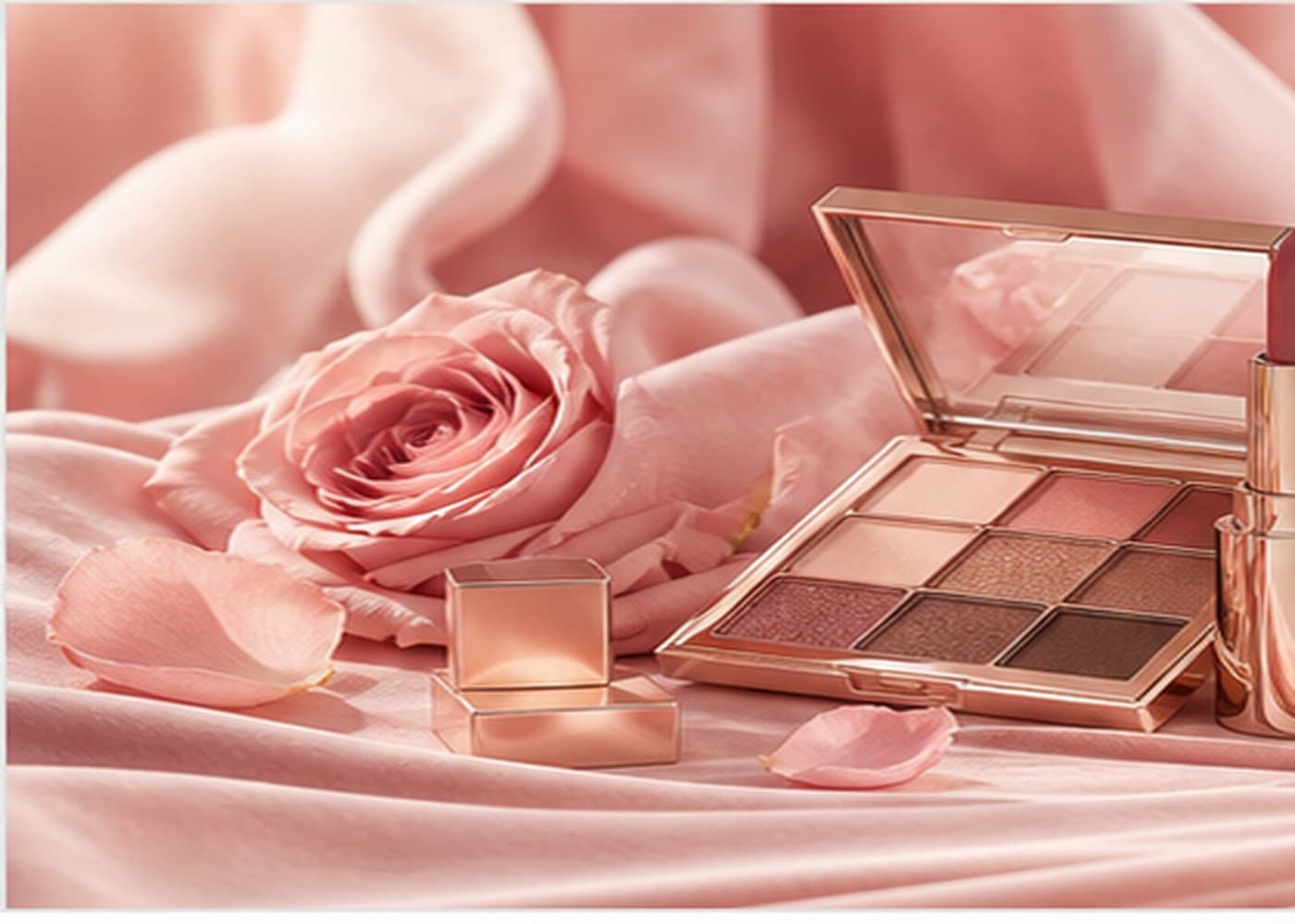 Ekana Cosmetics beauty products arranged on pink silk